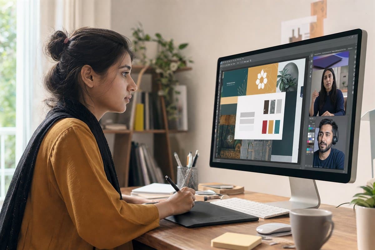 A digital skills student working on a design project during a live class