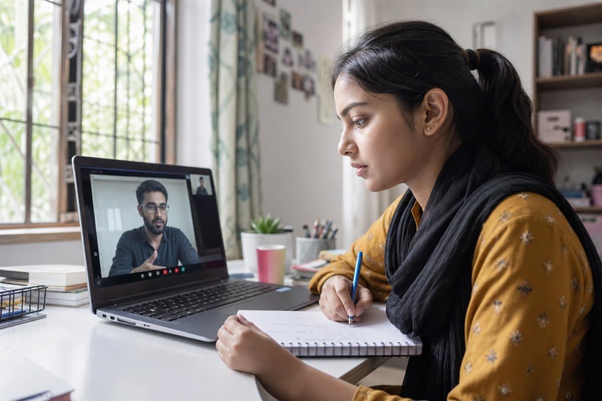 A student learning programming with live guidance from an online teacher