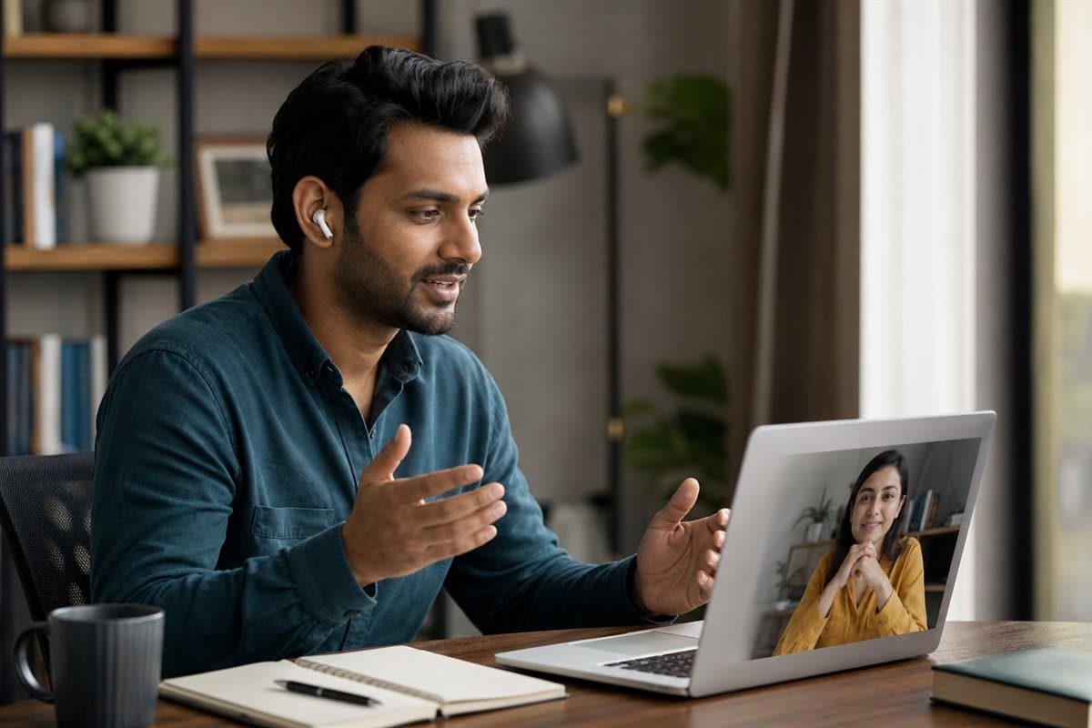 An adult learner speaking with his English teacher in a live online class